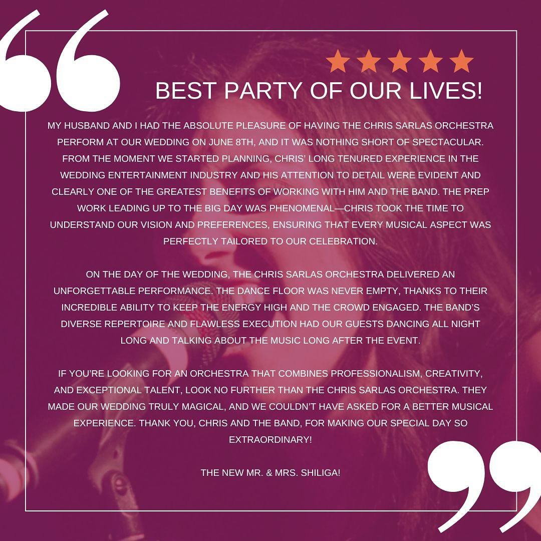 Incredibly grateful for the best couples ever. TerriAnn & Jason, we can’t thank you enough for taking the time to share this most lovely review on wedding wire and google today. YOU ROCK!!! 
.
.
.
chicagoweddingband chicagoweddingbandreviews weddingbandreviews chicagowedding chicagoweddings chicagoentertainment chicagoliveband chicagoliveentertainment chrissarlasorchestra chrissarlas chicagolive chicagobandreviews